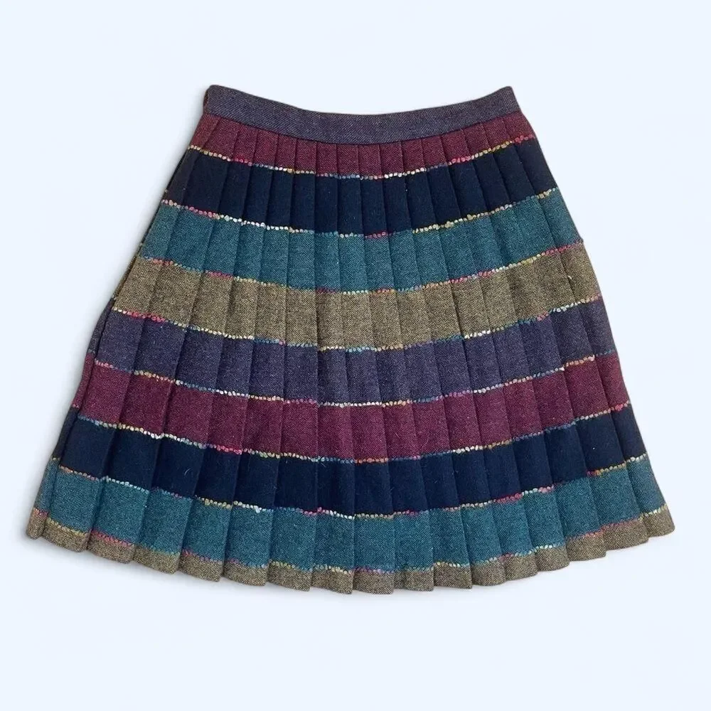 Vintage 1980s Wool Tweed Pleated Rainbow Striped Mini Skirt